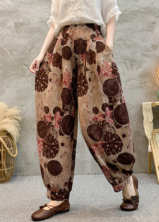 Light Brown Pockets Elastic Waist Cotton Harem Pants Summer