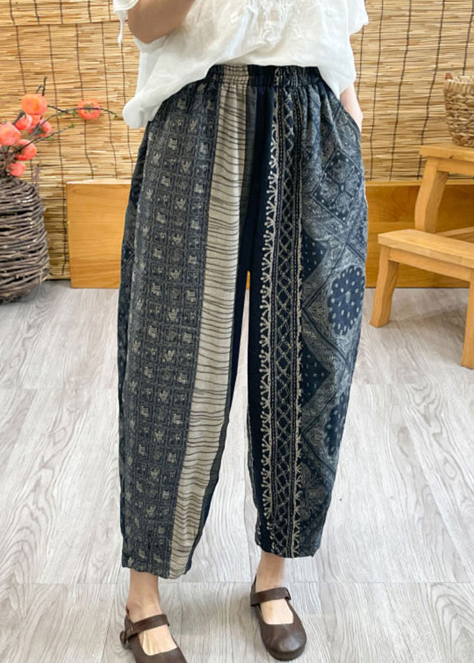 Black Oversized Print Linen Harem Pants Spring