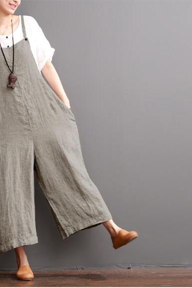 Cotton Linen Sen Department Causel Loose Overalls Big Pocket Maxi Size Trousers Outfits