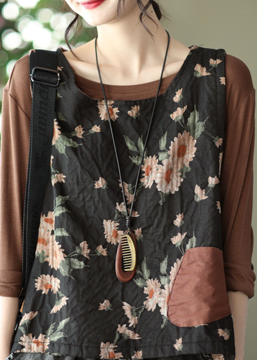 Unique Black O-neck Print Linen Vest Sleeveless