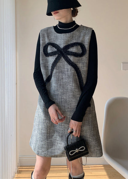 French Dark Gray Bow Dress and Black Tops Cotton Two Piece Set Winter