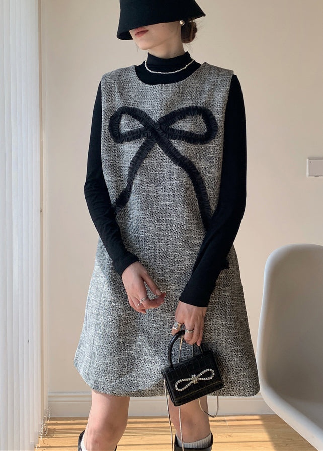 French Dark Gray Bow Dress and Black Tops Cotton Two Piece Set Winter