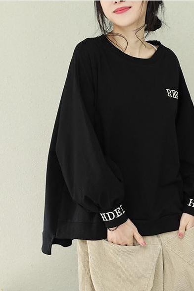 Loose Pure Color Print Cotton Fleece Tops