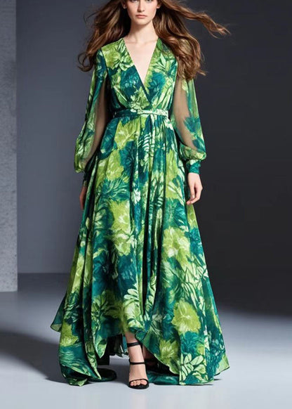 Green V Neck Print Chiffon Dresses Fall