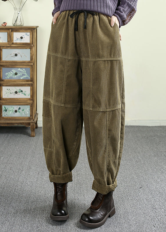 Green Pockets Elastic Waist Corduroy Warm Fleece Pants Winter