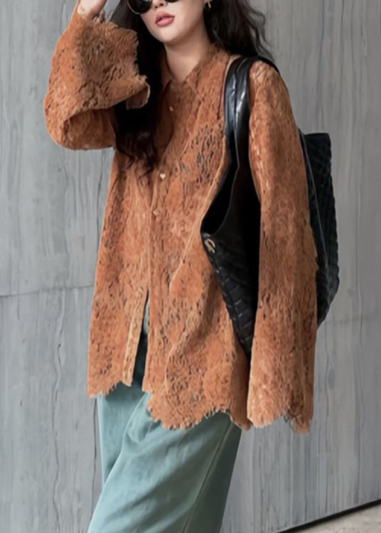 Coffee Peter Pan Collar Lace Shirts Top Flare Sleeve