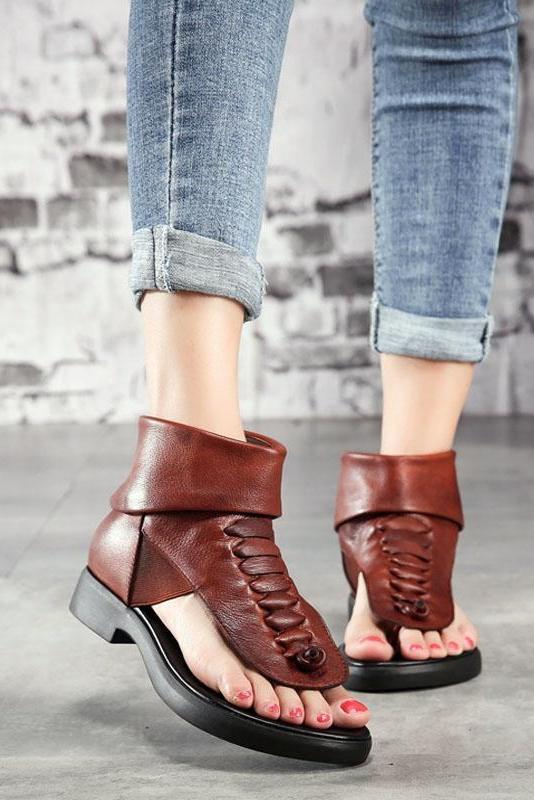 Soft Leather Low Heels Brand Summer Shoes Genuine Leather Sandals Handmade Rome Shoe