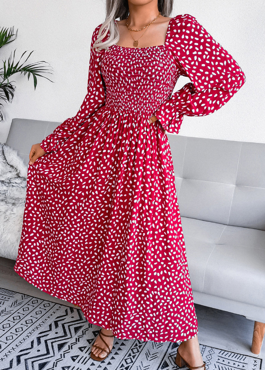 Red Square Collar Print Wrinkled Cotton Dresses Spring