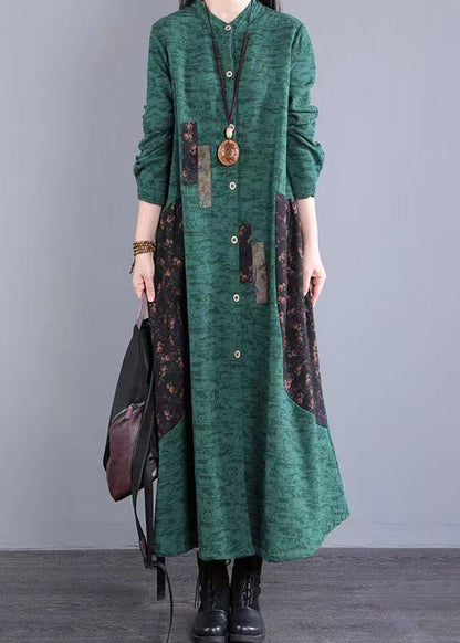 Green Stand Collar Patchwork Cotton Long Dresses Fall