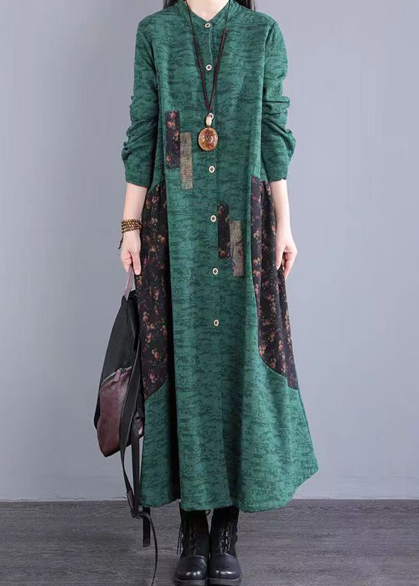 Green Stand Collar Patchwork Cotton Long Dresses Fall