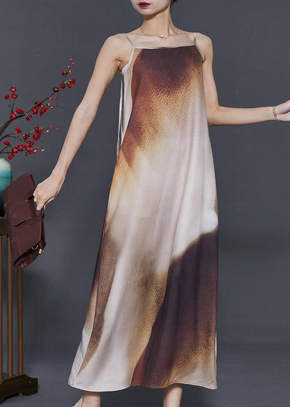 Brown Tie Dye Draping Silk Spaghetti Strap Dress Summer