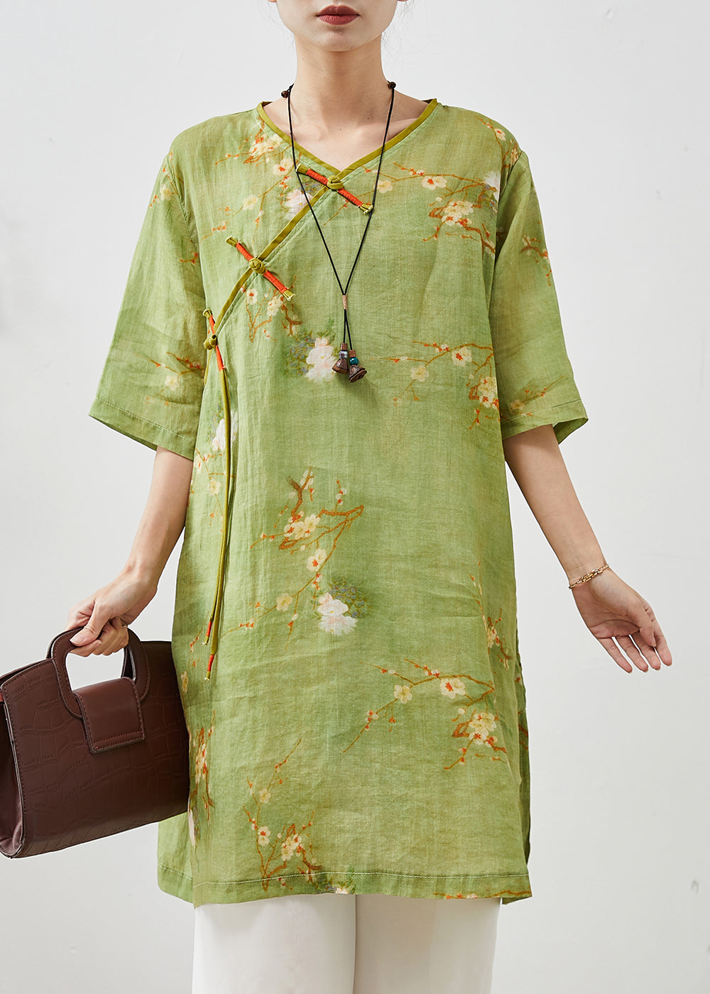 Green Tasseled Print Linen Oriental Dress Summer