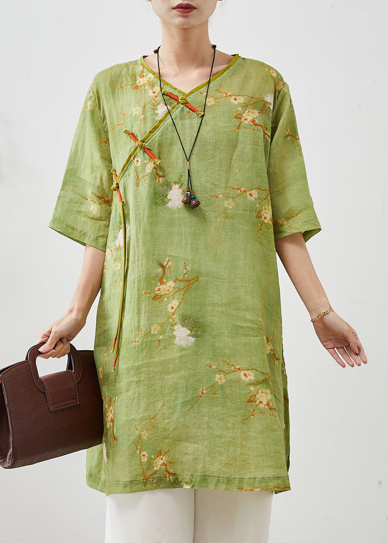 Green Tasseled Print Linen Oriental Dress Summer