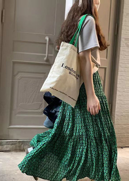 Loose Green Print Wrinkled High Waist Cotton Skirts Summer