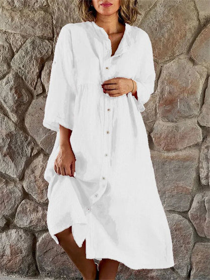 New Seven-quarter Sleeve Cotton and Linen Color Collar Buttons Long Dresses