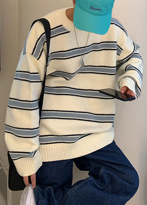 French White Striped Cozy Knit Sweaters Winter