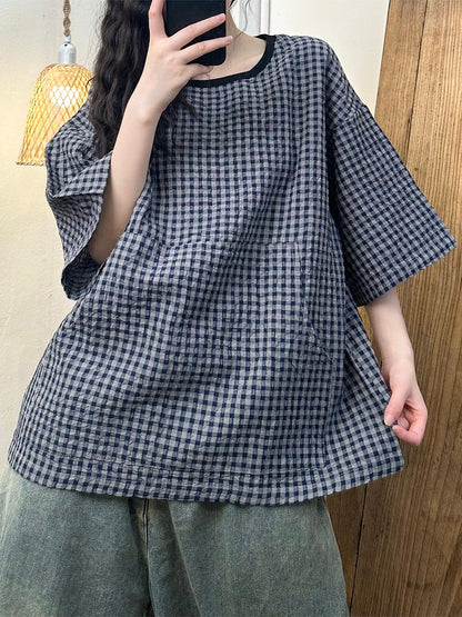 Summer Plaid Spliced Linen Shirt