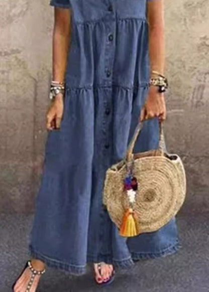 Loose Light Blue Peter Pan Collar Button Patchwork Denim Dresses Summer