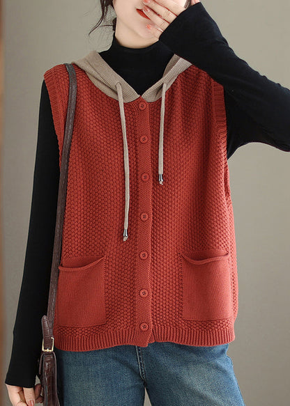 Orange Red Hooded Button Cotton Knit Waistcoat Sleeveless