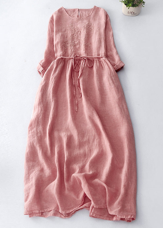 Dark Purple Embroidered Tie Waist Linen Maxi Dress Spring
