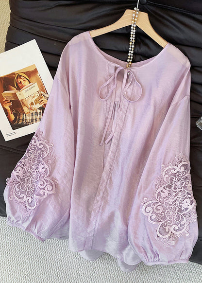 Loose Purple Lace Up Hollow Out Cotton Blouses Fall