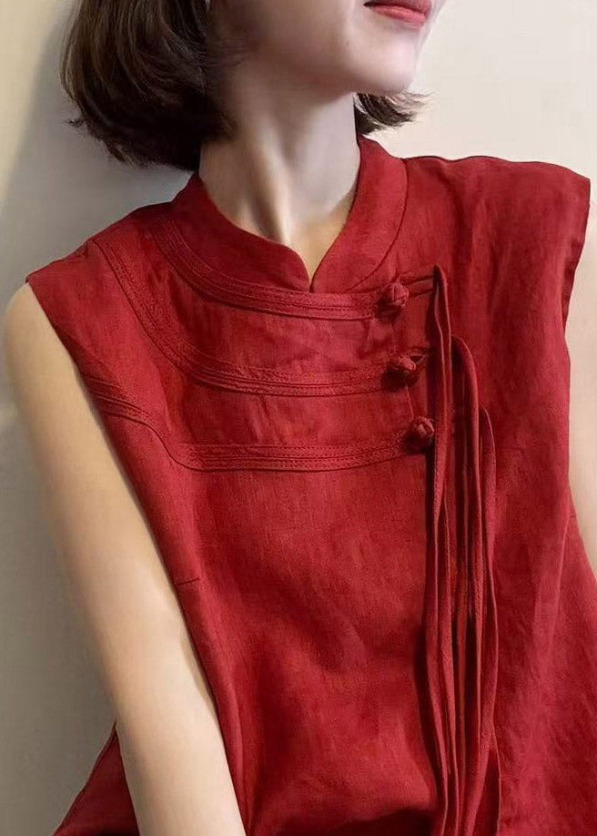 Chinese Style Red Stand Collar Tassel Patchwork Top Summer