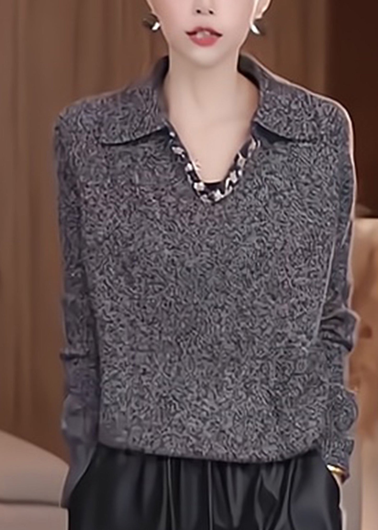 Stylish Grey Peter Pan Collar Patchwork Thick Cotton Knit Sweaters Fall