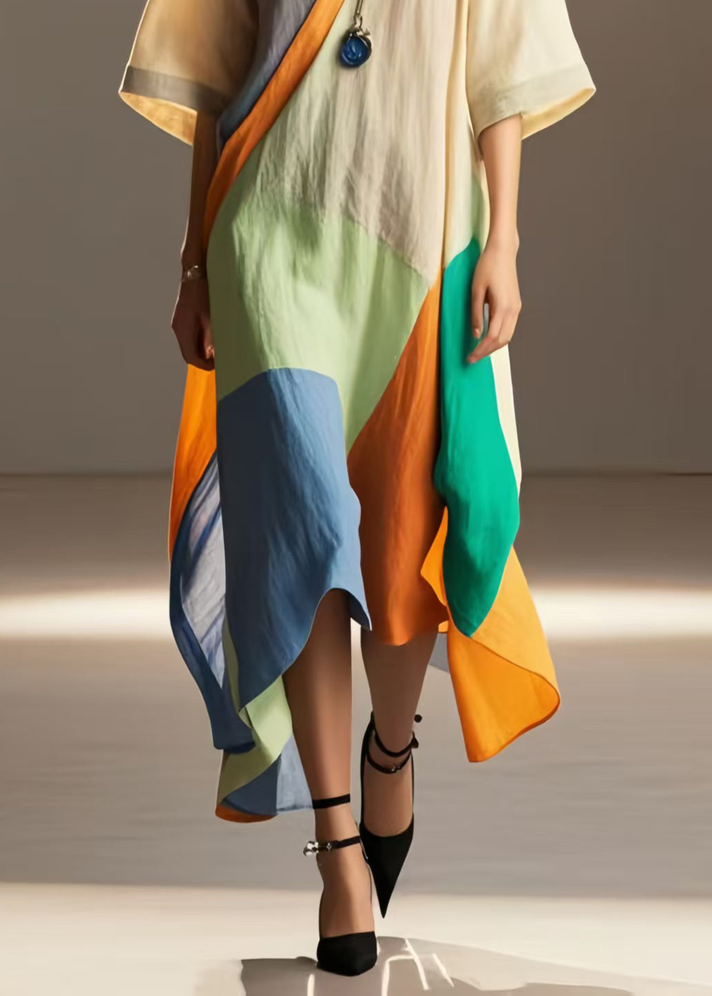 Art Colorblock Oversized Asymmetrical Design Cotton Long Dress Summer