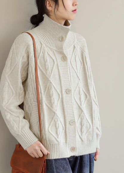 Cozy Beige Sweaters Stand Collar Pockets Spring Knit Sweat Tops