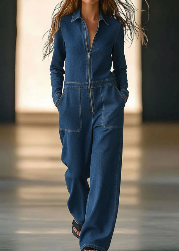 New Blue Peter Pan Collar Zippered Patchwork Denim Jumpsuit Fall