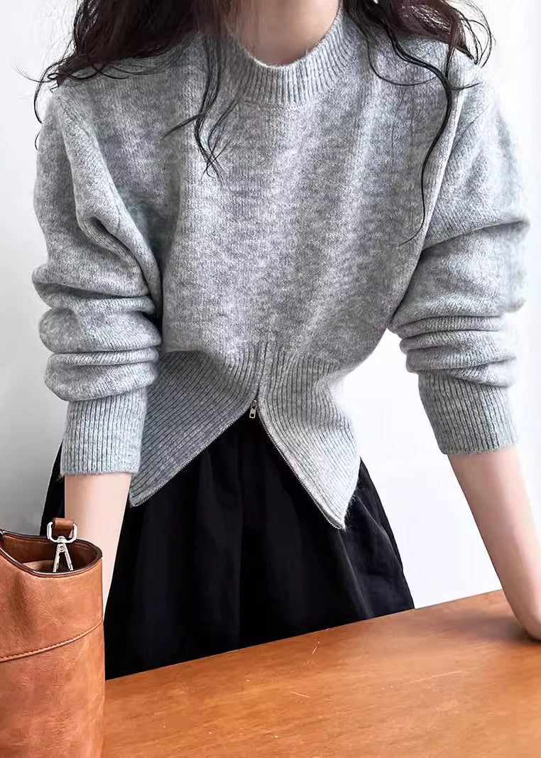 Grey Zip Up Front Open Knit Short Sweater Spring