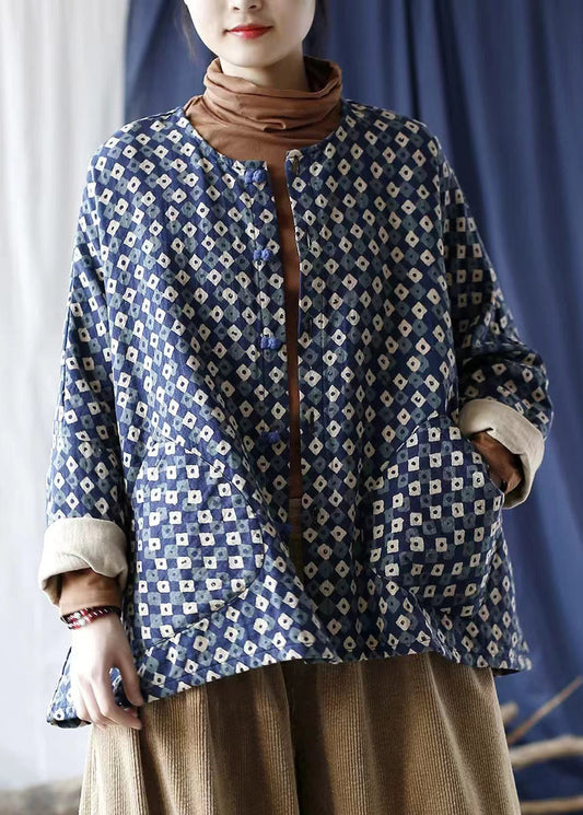Blue Oversized Print Linen Coat Spring