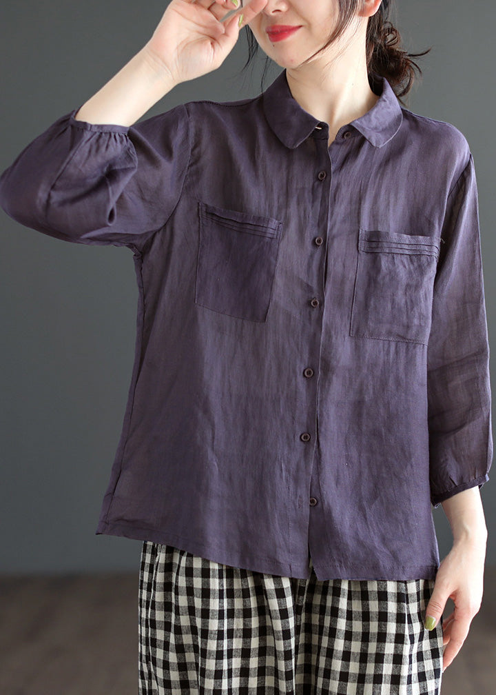Loose Purple Peter Pan Collar Patchwork Button Ramie Shirt Long Sleeve