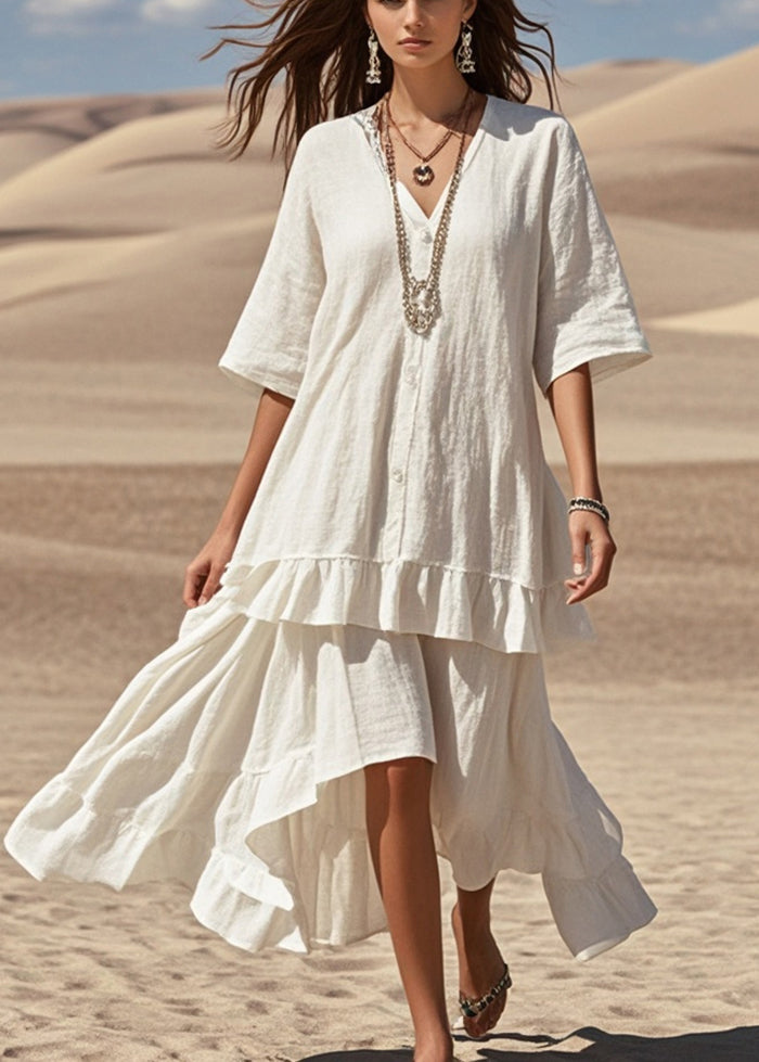 White Asymmetrical Patchwork Cotton Holiday Dress Summer