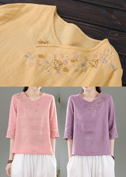 Style Yellow O-neck Embroidered Linen Top Three Quarter Sleeve