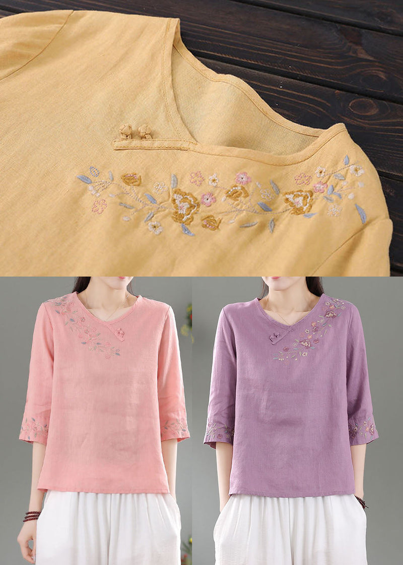 Purple Patchwork Linen Shirt Top O-neck Embroidered Three Quarter Sleeve