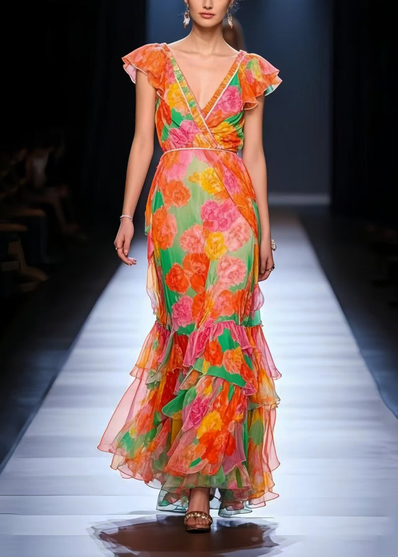 Orange V Neck Chiffon Maxi Dress Summer