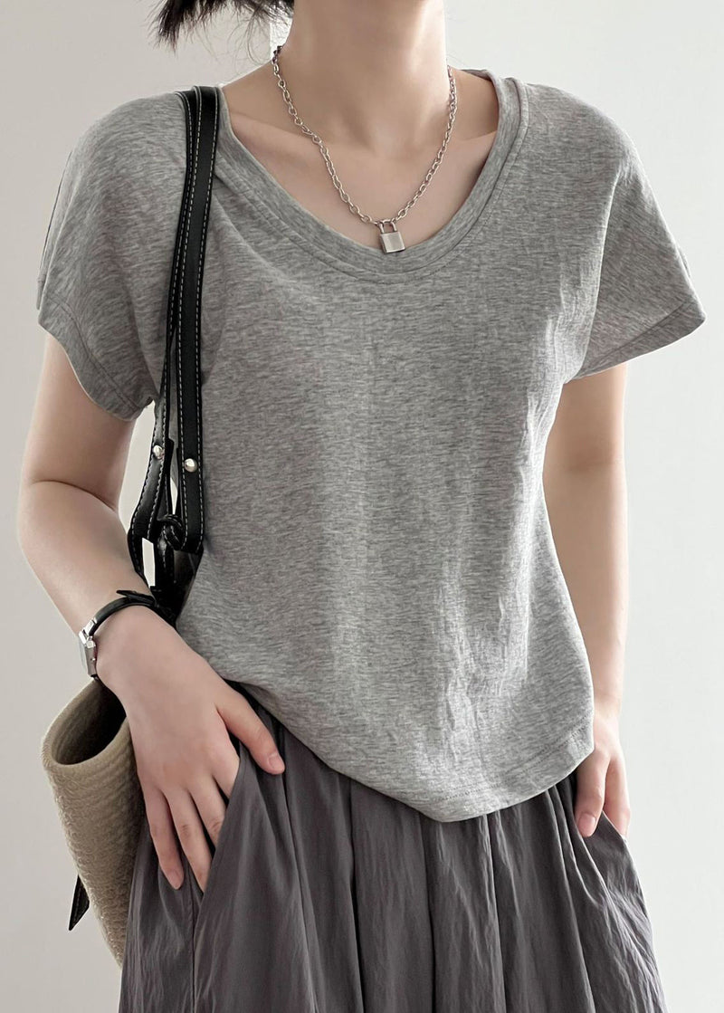 Grey Cotton T Shirt Top O Neck Short Sleeve