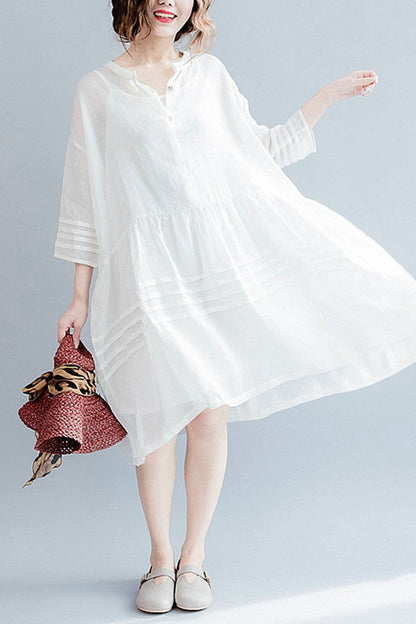 White Big Hem Linen Summer Shirt Dresses Clothing