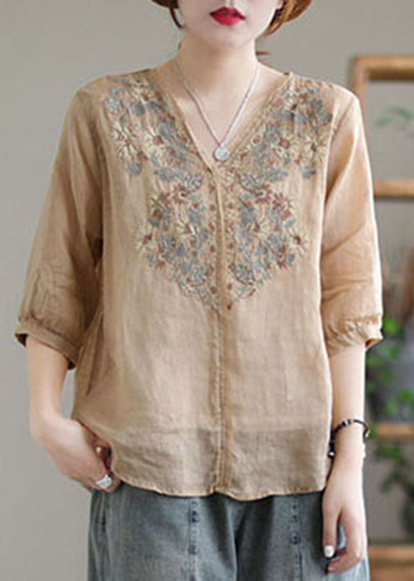 White V Neck Embroidered Linen Blouse Tops Half Sleeve