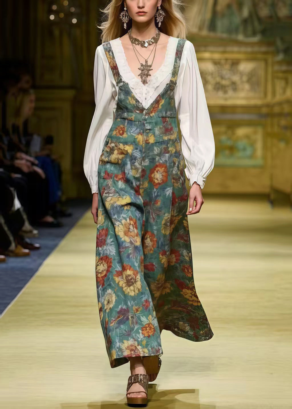 Unique Tea Green Oversized Print Cotton Jumpsuit Spring