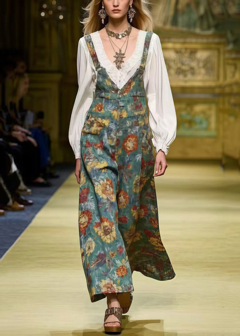 Unique Tea Green Oversized Print Cotton Jumpsuit Spring