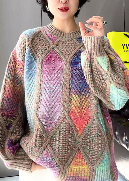 Multicolor O Neck Knit Sweater Tops Spring