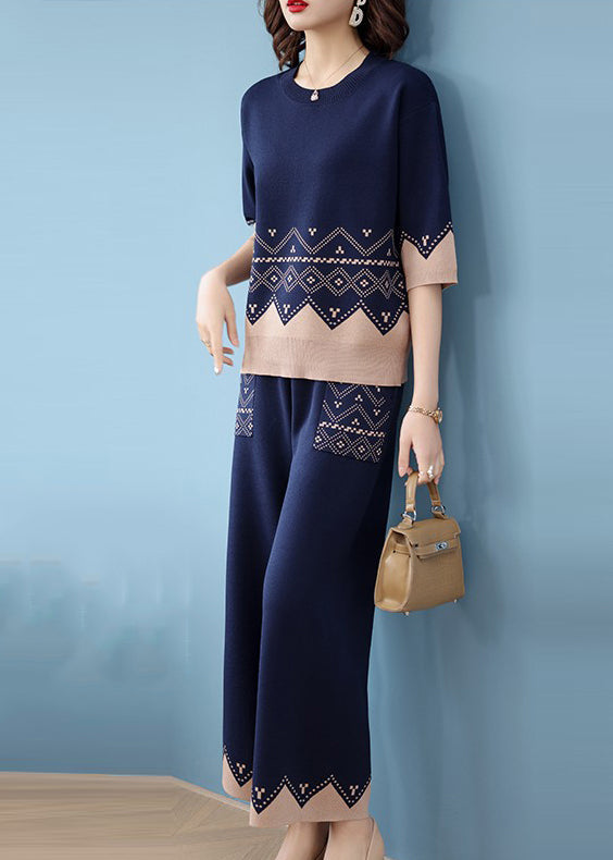 Unique Navy O Neck Knit Sets 2 Pieces Spring