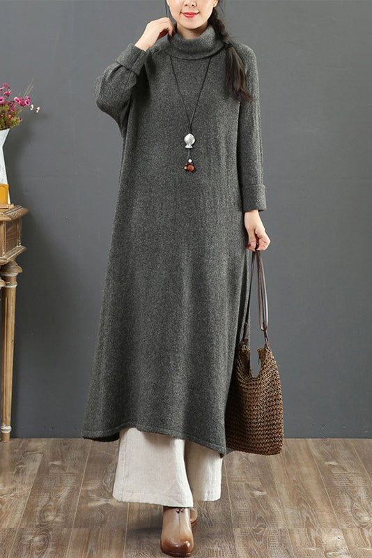 -winter Wool High Collar Long Sleeve Dress