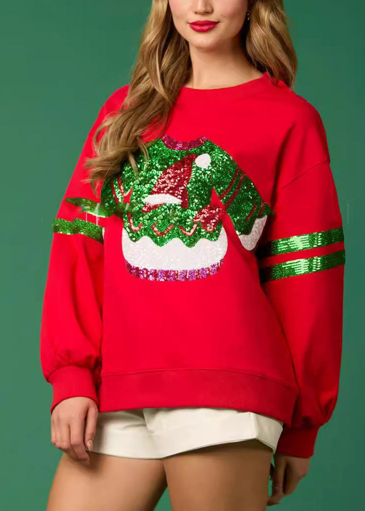 Style Red O Neck Sequins Cotton Christmas Sweatshirts Top Winter