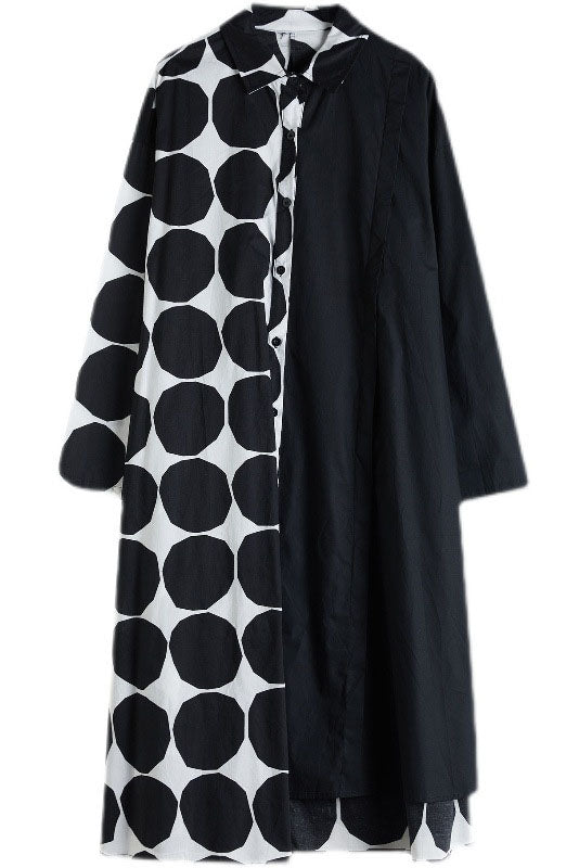 Spring Polka Dot Colorblock Lapel Shirt Dress