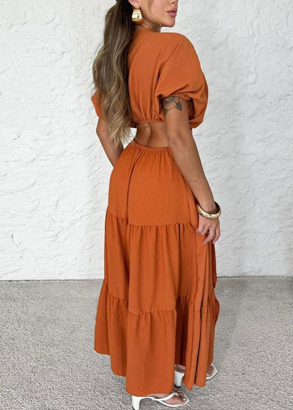 Orange V Neck Wrinkled Side Open Cotton Dress Summer