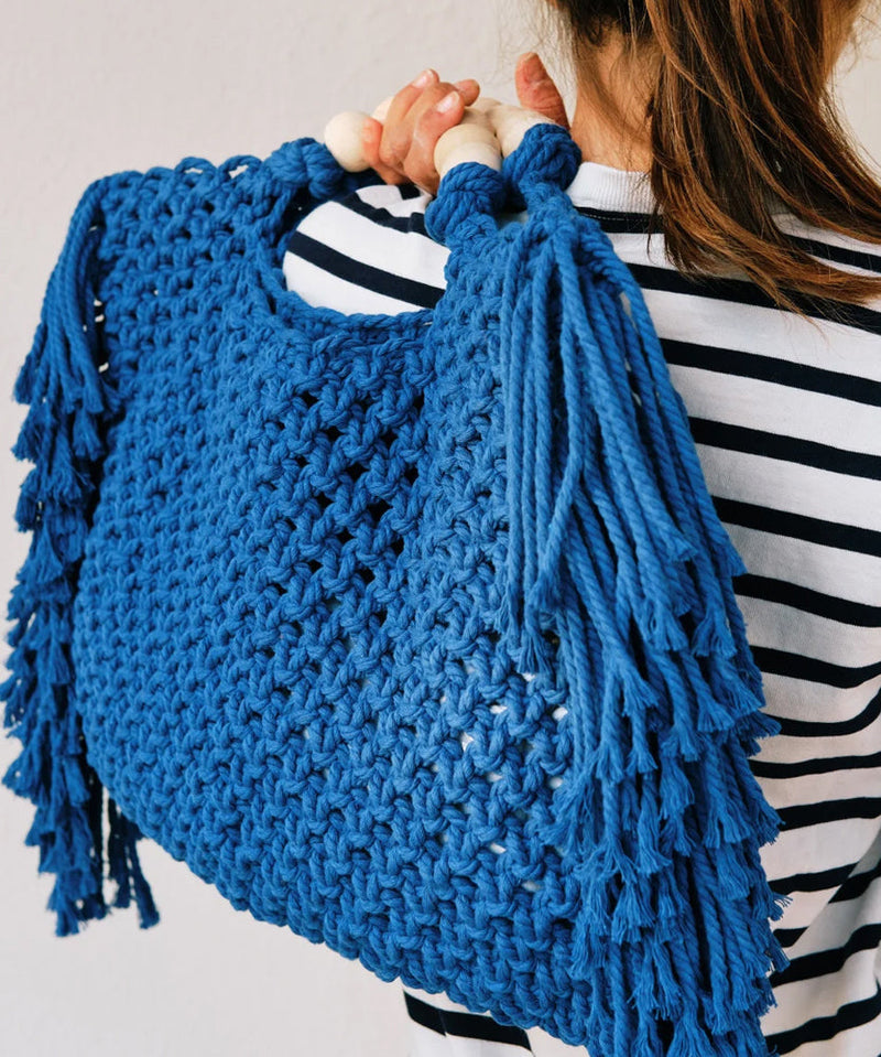 Blue Tasseled Hollow Out Knit Tote Handbag