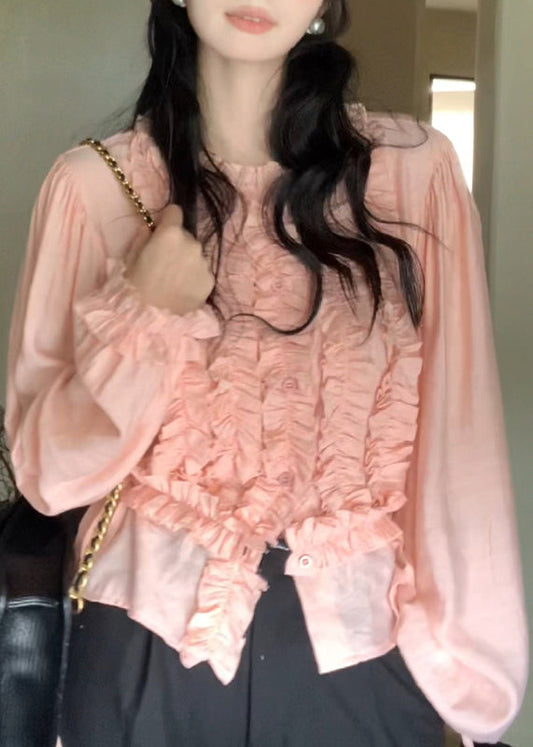 Pink O-neck Ruffled Chiffon Top Lantern Sleeve